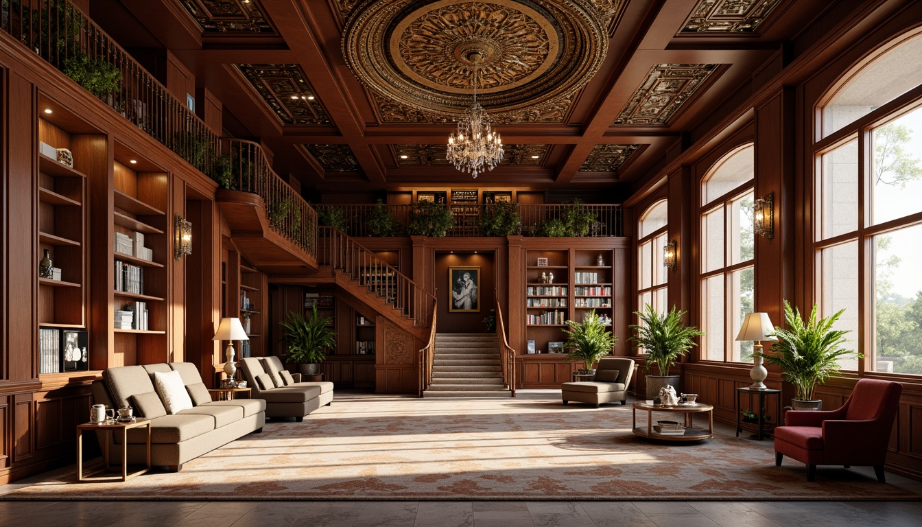 Prompt: Opulent library interior, rich wood paneling, ornate metal fixtures, grand staircase, luxurious carpeting, elegant chandeliers, warm soft lighting, table lamps, floor lamps, cozy reading nooks, comfortable seating areas, large windows, natural light pouring in, dramatic spotlights, accent lighting, bronze sconces, crystal drops, geometric patterns, metallic finishes, marble flooring, ornate ceiling details, Art Deco inspired furnishings, vintage bookshelves, classic literature displays.