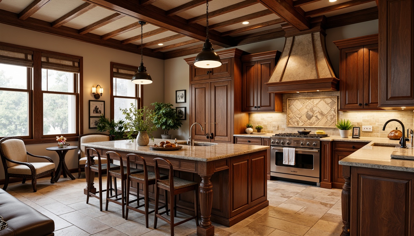 Prompt: Rich wood tones, ornate cabinetry, classic kitchen island, granite countertops, elegant pendant lighting, warm beige walls, traditional kitchen layout, rustic brick backsplash, natural stone flooring, earthy color palette, soft warm lighting, shallow depth of field, 1/2 composition, realistic textures, ambient occlusion.