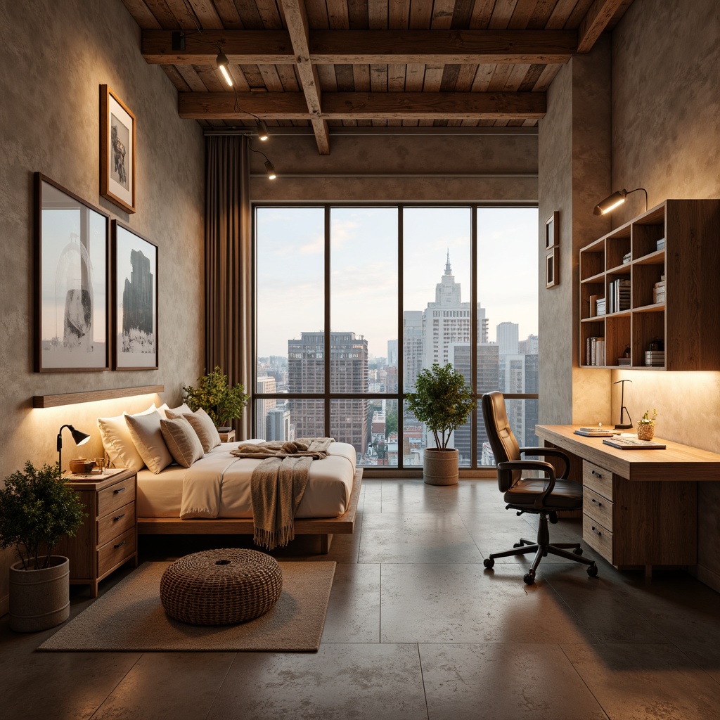 Prompt: Cozy dormitory, soft warm lighting, comfortable bedding, modern minimalist furniture, wooden desks, ergonomic chairs, floor lamps, table lamps, string lights, LED strips, calming color scheme, natural textures, woven baskets, plush carpets, large windows, cityscape views, urban loft style, industrial chic decor, reclaimed wood accents, metal frame structures, functional storage solutions, cozy reading nooks, relaxing ambiance, warm beige tones, soft pastel hues, 1/2 composition, shallow depth of field, realistic render.