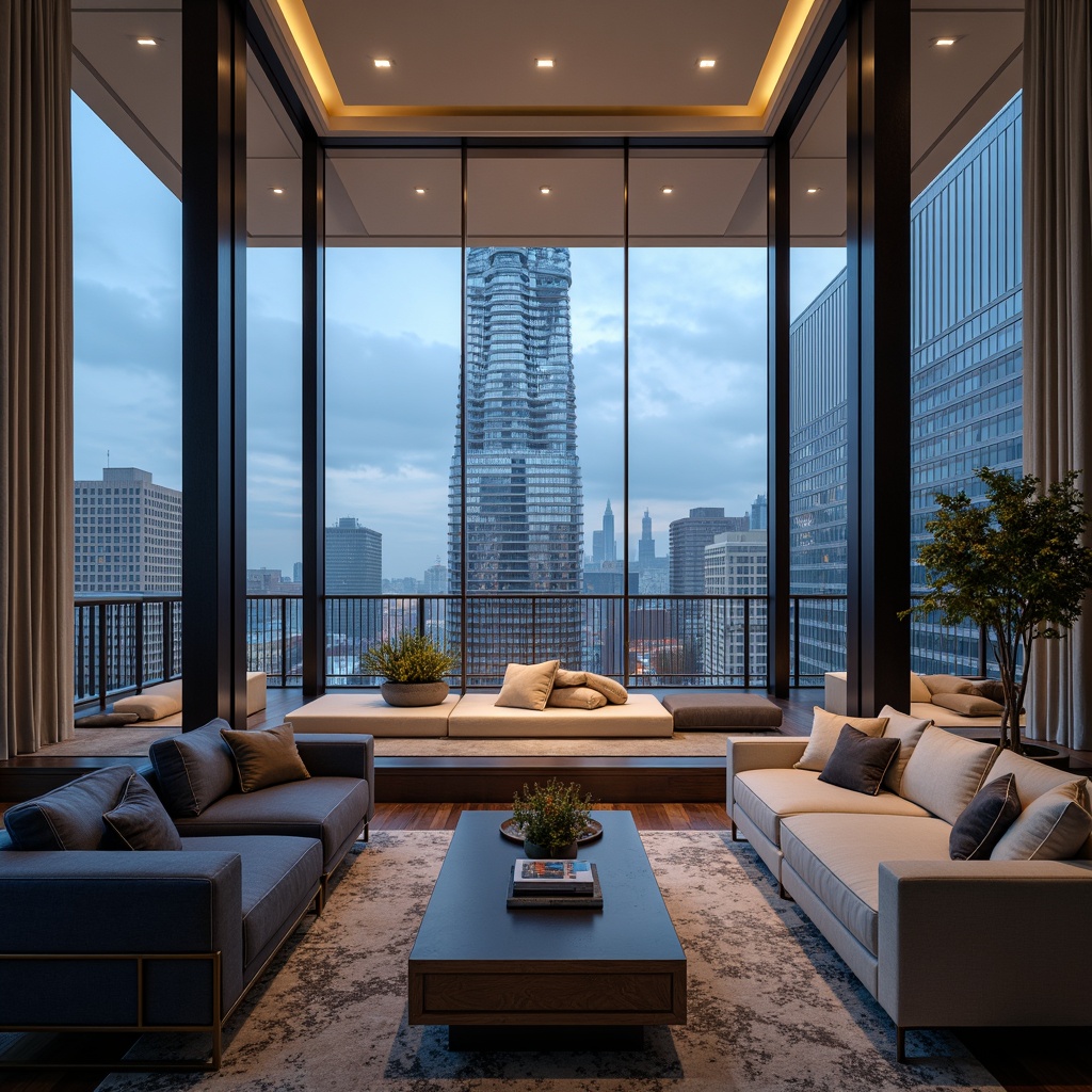 Prompt: Luxurious penthouse, modern interior design, sleek lines, high ceilings, floor-to-ceiling windows, breathtaking city views, sophisticated color scheme, rich dark woods, creamy whites, deep blues, metallic accents, gold leaf details, plush furnishings, velvet textures, ambient warm lighting, dramatic shadows, 1/2 composition, shallow depth of field, realistic reflections.