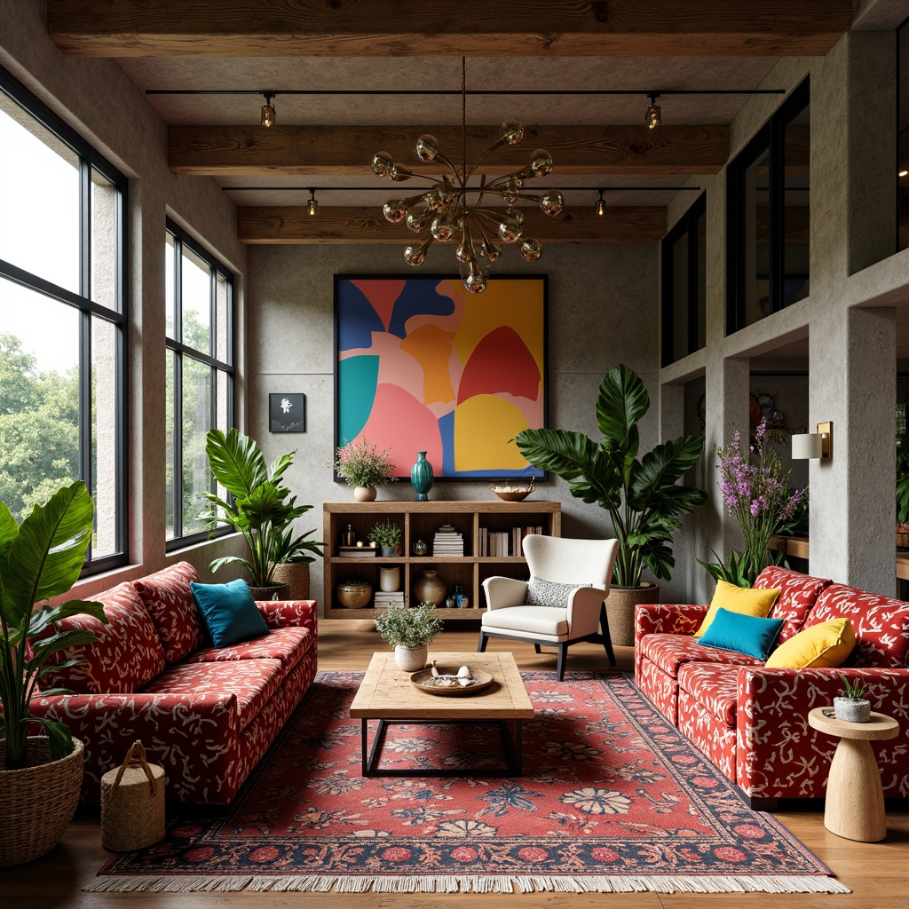 Prompt: Vibrant eclectic interior, bold patterned textiles, abstract artwork, mismatched furniture, rich velvet fabrics, distressed wood accents, industrial metal frames, eclectic decorative objects, lush greenery, natural stone floors, reclaimed wood walls, oversized windows, soft warm lighting, shallow depth of field, 1/1 composition, realistic textures, ambient occlusion.