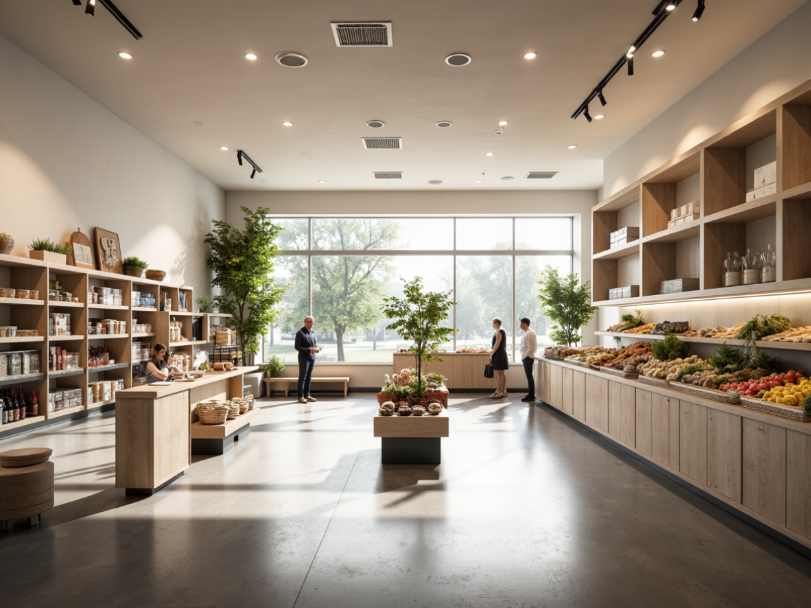 Prompt: Minimalist grocery store interior, soft warm lighting, subtle shadows, recessed ceiling lights, hidden LED strips, matte white walls, polished concrete floors, sleek metal shelves, minimalist product displays, abundant natural light, large windows, diffused overhead lighting, 1/1 composition, realistic textures, ambient occlusion.Please let me know if this meets your requirements or if you need any adjustments!