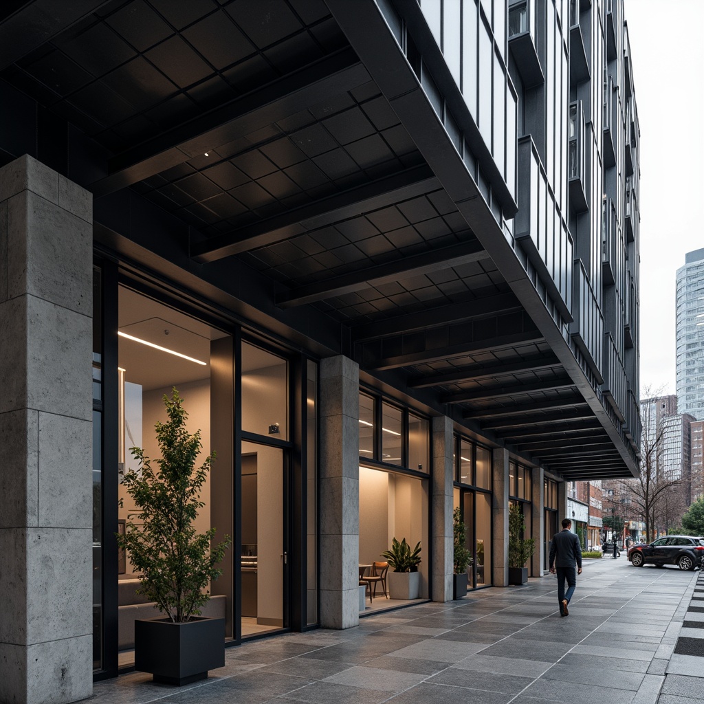 Prompt: Industrial chic building facade, exposed steel beams, sleek metal columns, reinforced concrete foundations, modern minimalist architecture, urban cityscape, overcast sky, dramatic shadows, high-contrast lighting, shallow depth of field, 2/3 composition, realistic metallic textures, ambient occlusion.