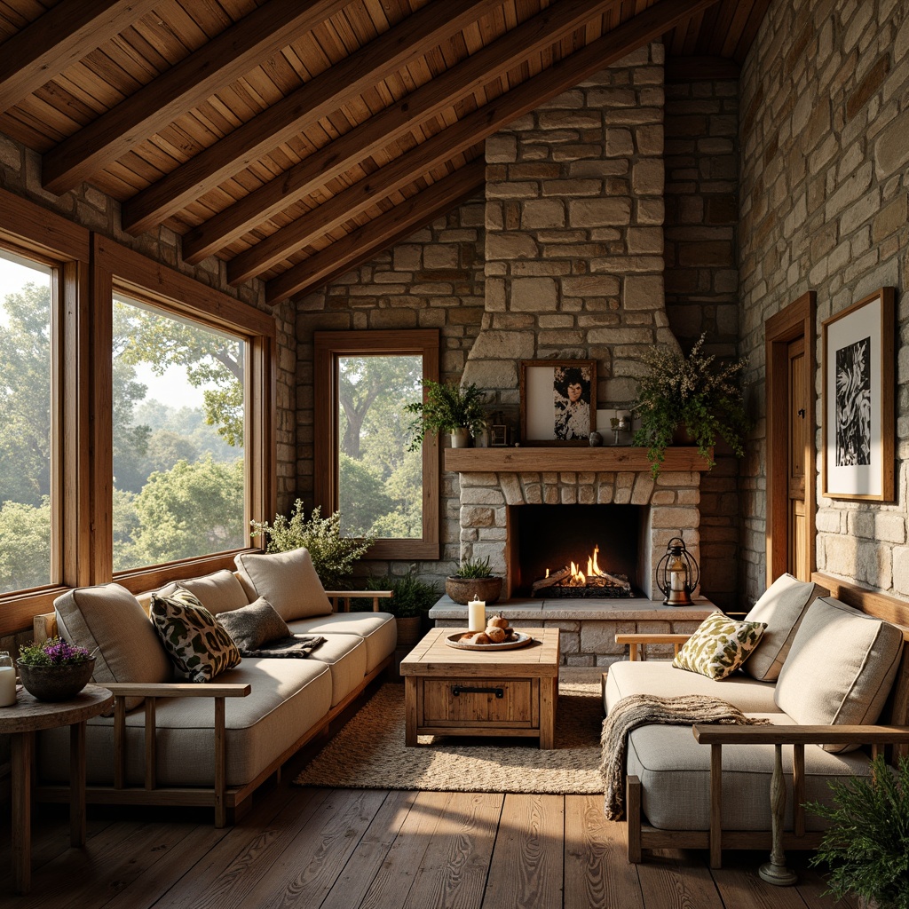 Prompt: Weathered wooden accents, natural stone walls, earthy color palette, vintage metal decorations, distressed textures, reclaimed wood furniture, cozy cabin-like atmosphere, warm fire pit, lantern-style lighting, nature-inspired patterns, organic shapes, earthy scents, wildflower arrangements, moss-covered surfaces, wooden beams, rural landscape views, soft golden lighting, shallow depth of field, 1/1 composition, realistic rendering.