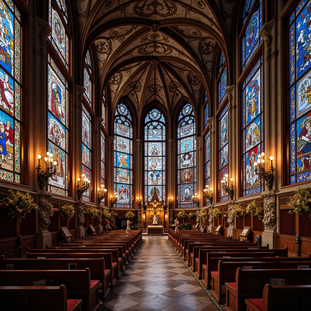 Prompt: Intricate stained glass windows, ornate Gothic arches, mystical sacred symbols, vibrant jewel-toned colors, elaborate floral patterns, majestic cathedral ceilings, grandiose chandeliers, polished marble floors, luxurious velvet drapes, opulent golden accents, serene candlelit ambiance, soft warm lighting, shallow depth of field, 1/1 composition, symmetrical framing, realistic textures, ambient occlusion.