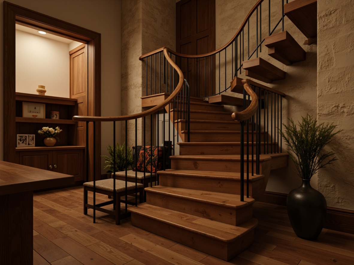 Prompt: Rustic wooden handrails, ornate metal balusters, curved staircase silhouette, traditional vernacular architecture, earthy color palette, natural stone walls, reclaimed wood accents, distressed finishes, warm candlelight, shallow depth of field, 1/2 composition, medium shot, realistic textures, ambient occlusion.