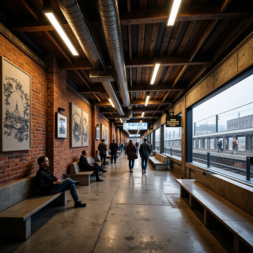 Prompt: Exposed brick walls, industrial-chic lighting fixtures, reclaimed wood accents, distressed metal beams, urban graffiti murals, sleek modern signage, busy commuter atmosphere, rush hour crowds, subway tunnel-inspired architecture, elevated platforms, steel staircases, minimalist benches, urban landscape views, gritty concrete floors, functional industrial elements, exposed ductwork, metallic color palette, high-contrast lighting, dramatic shadows, 1-point perspective composition, cinematic ambiance, realistic textures, detailed normal maps.