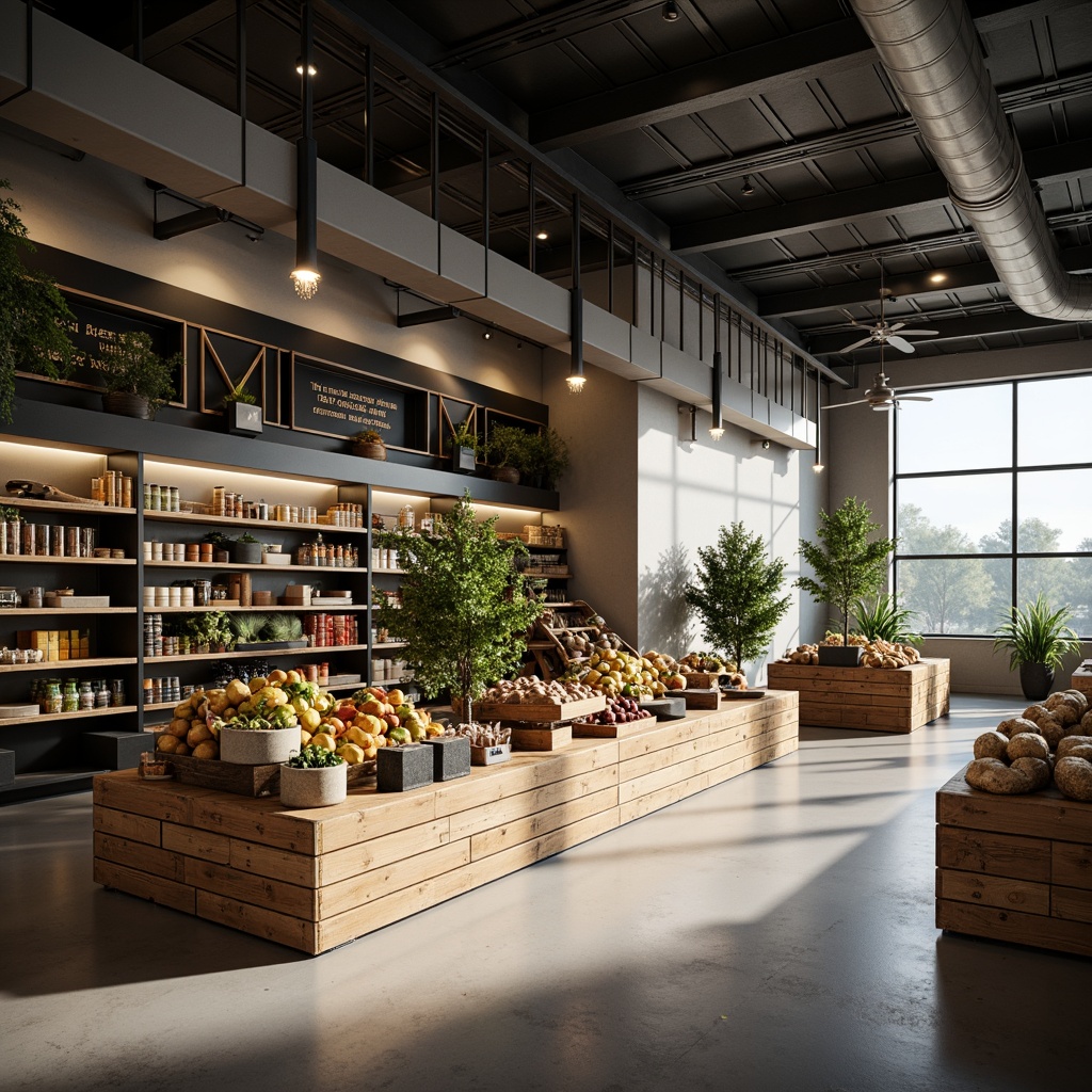 Prompt: Minimalist grocery store interior, soft warm lighting, subtle shadows, clean lines, monochromatic color scheme, industrial metal shelving, reclaimed wood accents, polished concrete floors, simple signage, modern product displays, airy atmosphere, natural light pouring in through large windows, gentle reflections on matte finishes, 1/1 composition, high contrast ratio, cinematic mood, realistic textures, ambient occlusion.