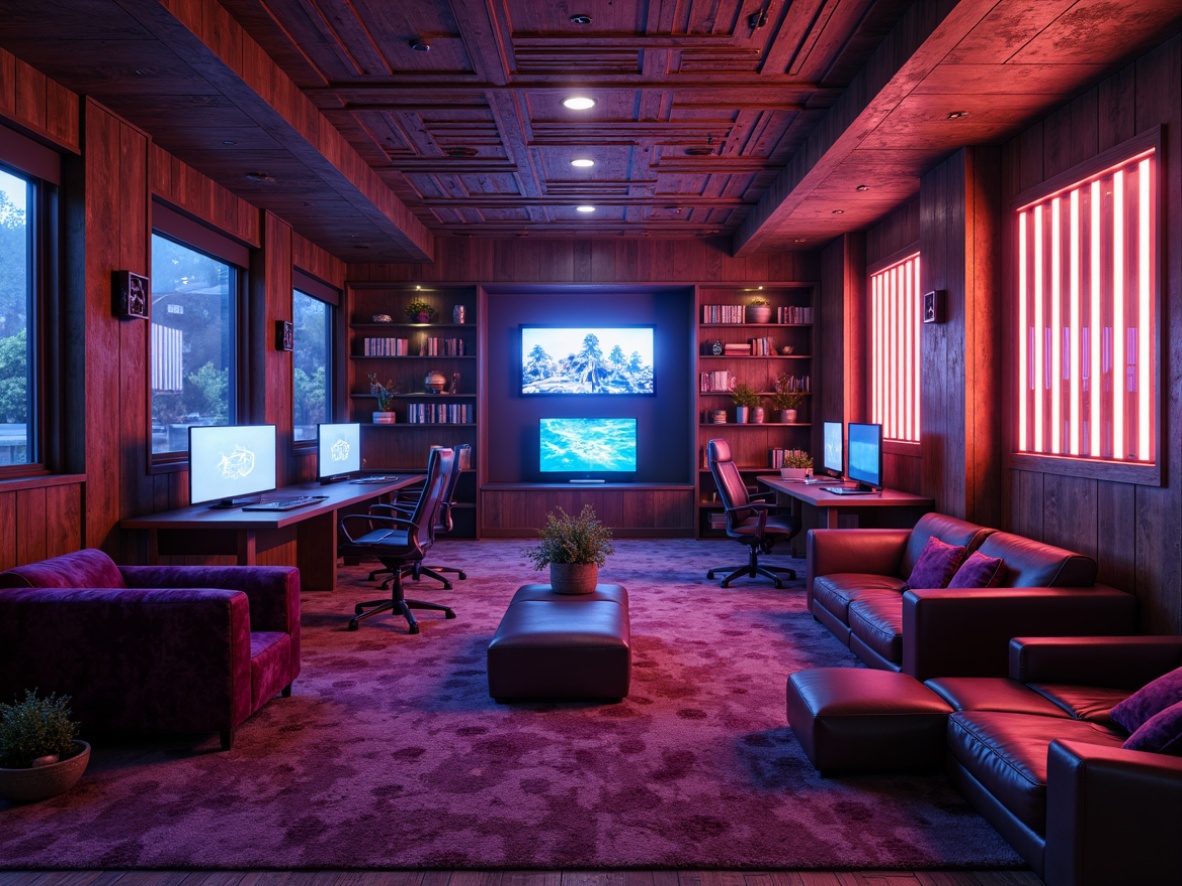 Prompt: Richly textured game room, rustic wood accents, velvet sofas, plush carpets, leather upholstery, metallic gaming consoles, neon-lit ambient lighting, futuristic LED strips, high-gloss finishes, dynamic shadowing, realistic reflections, 3D rendered environments, cinematic color grading, shallow depth of field, atmospheric fog effects, immersive soundscapes.