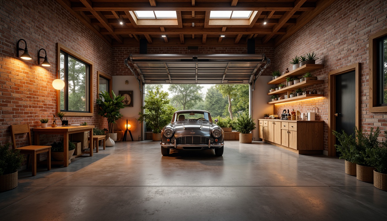 Prompt: Cozy family garage interior, warm LED lighting, modern industrial decor, exposed brick walls, polished concrete floors, wooden cabinetry, metal accents, recessed ceiling lights, task lighting under shelves, ambient floor lamps, pendant light fixtures, natural daylight, softbox skylights, 1/1 composition, shallow depth of field, realistic textures, subtle color grading.