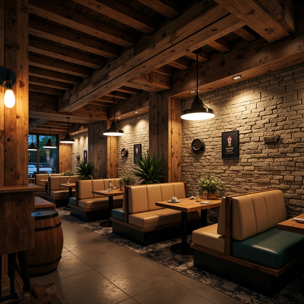 Prompt: Rich wood tones, warm bronze accents, velvety dark greens, deep blues, creamy whites, soft golden lighting, rustic stone walls, vintage metal signs, wooden barrels, aged leather upholstery, dimly lit atmosphere, cozy corner booths, natural textures, earthy undertones, modern industrial architecture, exposed brick walls, polished concrete floors, urban cityscape, night-time ambiance, shallow depth of field, 1/2 composition, realistic reflections.