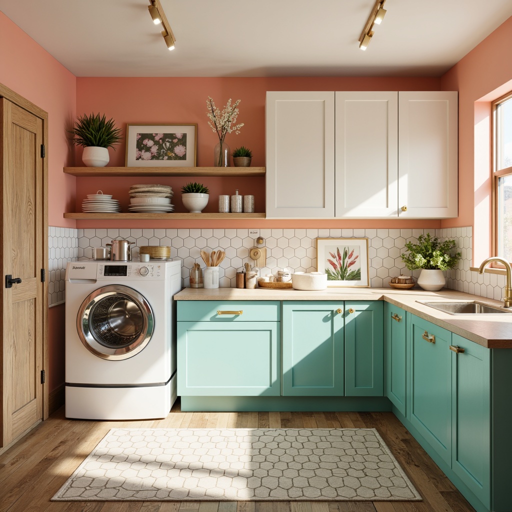 Prompt: Vibrant laundry room, mid-century modern style, pastel color scheme, soft peach walls, creamy white cabinets, turquoise accents, brass hardware, natural wood floors, geometric patterns, hexagonal tiles, industrial-style lighting, functional shelving units, retro-inspired decor, warm beige countertops, botanical prints, minimalist accessories, abundant natural light, shallow depth of field, 1/1 composition, realistic textures.