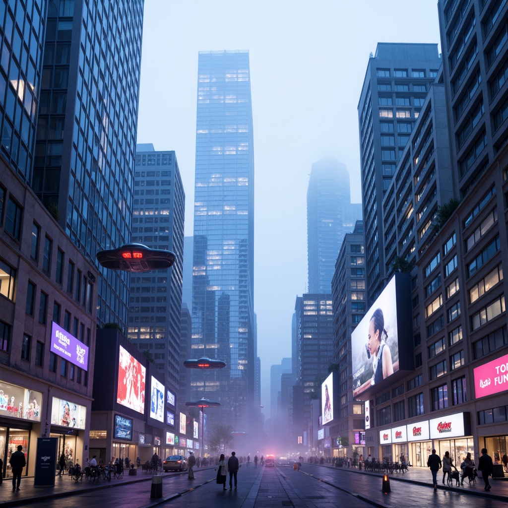 Prompt: Futuristic cityscape, lavender blue hues, neon lights, sleek metallic skyscrapers, angular lines, minimalist design, holographic advertisements, levitating transportation pods, robotic pedestrians, cyberpunk atmosphere, misty foggy weather, soft glowing lighting, shallow depth of field, 1/1 composition, panoramic view, realistic textures, ambient occlusion.