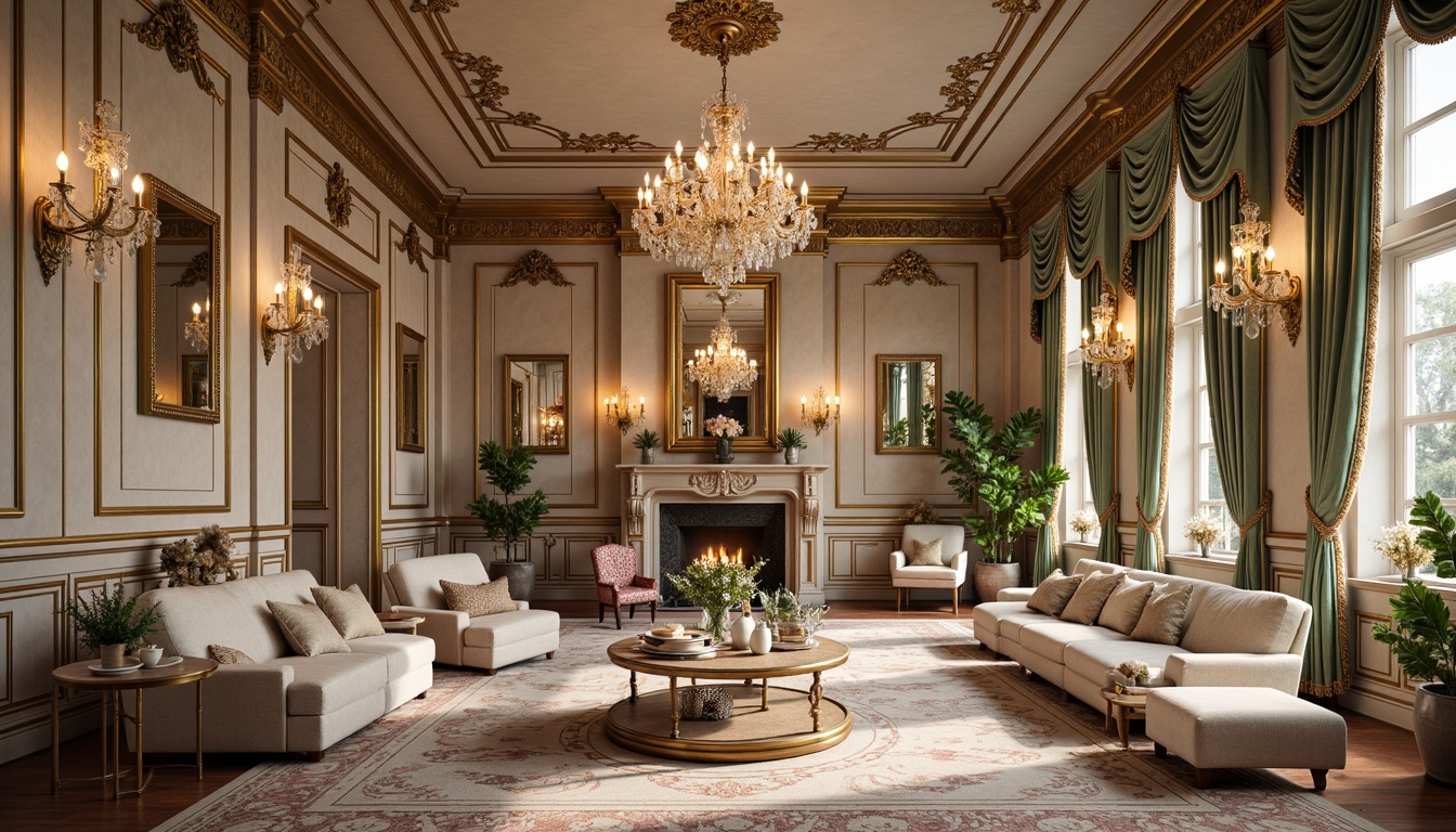 Prompt: Intricate ornateness, lavish furnishings, gilded accents, velvet drapes, crystal chandeliers, carved wooden paneling, ornate mirrors, soft pastel hues, delicate florals, curved lines, whimsical patterns, luxurious fabrics, tassel trimmings, golden lighting fixtures, regal atmosphere, opulent textures, shallow depth of field, 1/1 composition, warm softbox lighting, realistic reflections, ambient occlusion.