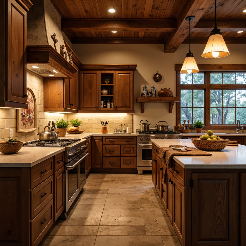 Prompt: Warm traditional kitchen, rustic wooden cabinets, ornate metal hardware, classic stone countertops, soft warm lighting, pendant lamps, candle-like chandeliers, ambient under-cabinet lights, subtle LED strips, warm beige walls, earthy tile floors, vintage appliances, farmhouse sink, distressed wood island, natural materials, cozy atmosphere, inviting ambiance, 1/2 composition, soft focus, warm color palette.