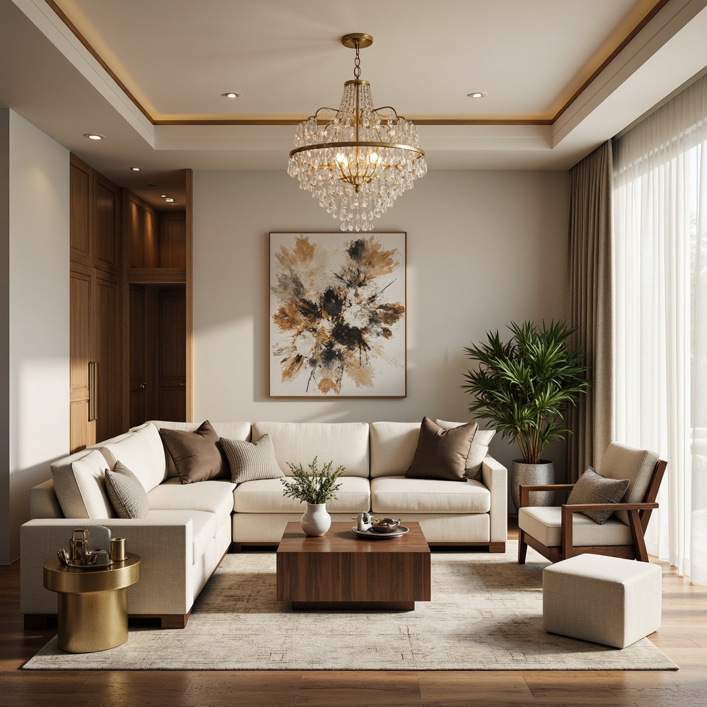 Prompt: Elegant living room, neutral beige walls, plush sectional sofa, accent chairs, ottoman, rich wood coffee table, metallic gold legs, glass top, cream-colored rug, natural fiber textiles, statement lighting fixtures, crystal chandeliers, modern abstract artwork, floor-to-ceiling drapes, sheer curtains, soft warm lighting, 1/1 composition, shallow depth of field, realistic textures.