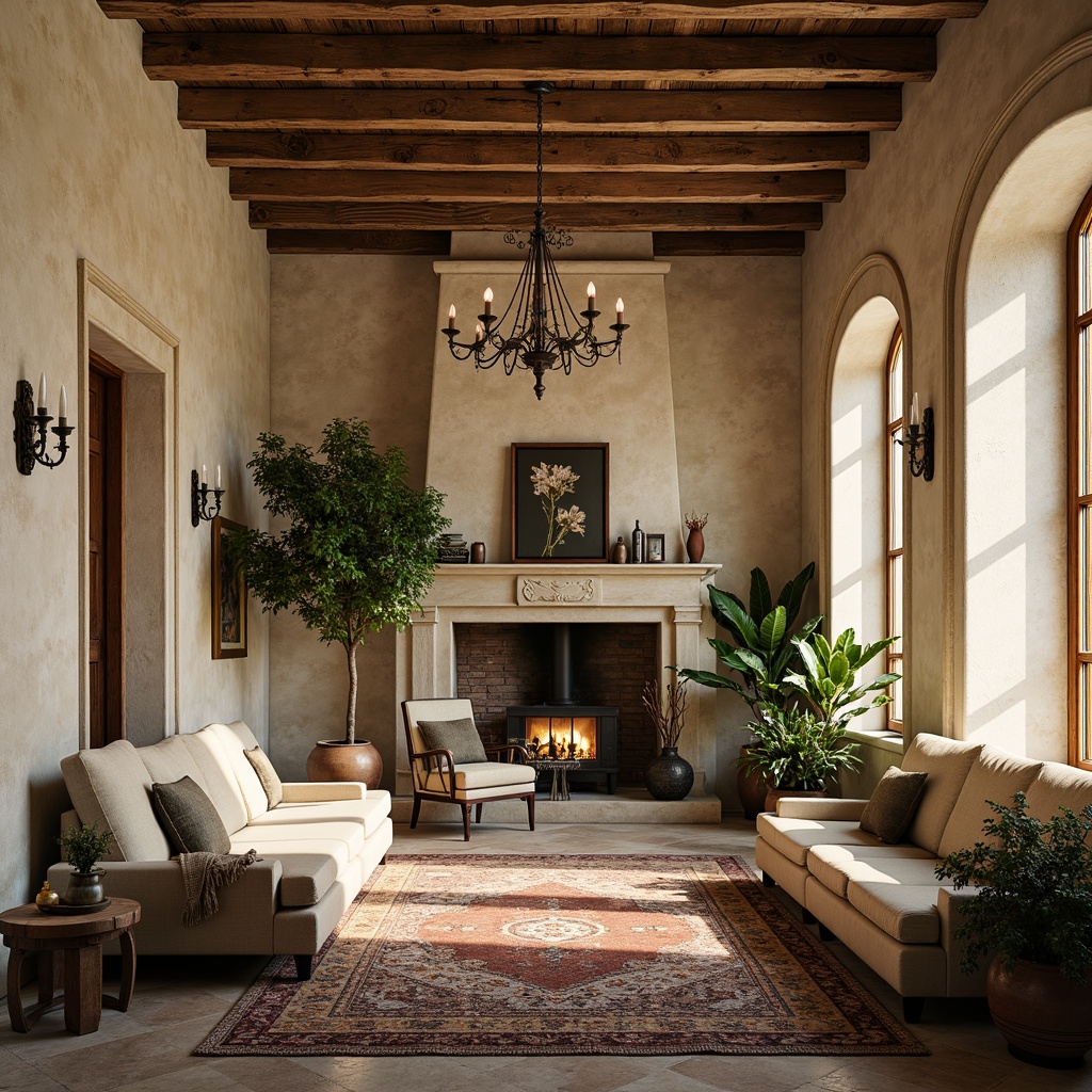 Prompt: Rustic apartment, textured walls, soft beige stucco, distressed wooden beams, creamy white trim, ornate metalwork, vintage furniture, elegant chandeliers, lush greenery, fresh flowers, natural stone flooring, plush area rugs, warm golden lighting, cozy reading nooks, 1/2 composition, intimate atmosphere, realistic textures, ambient occlusion.