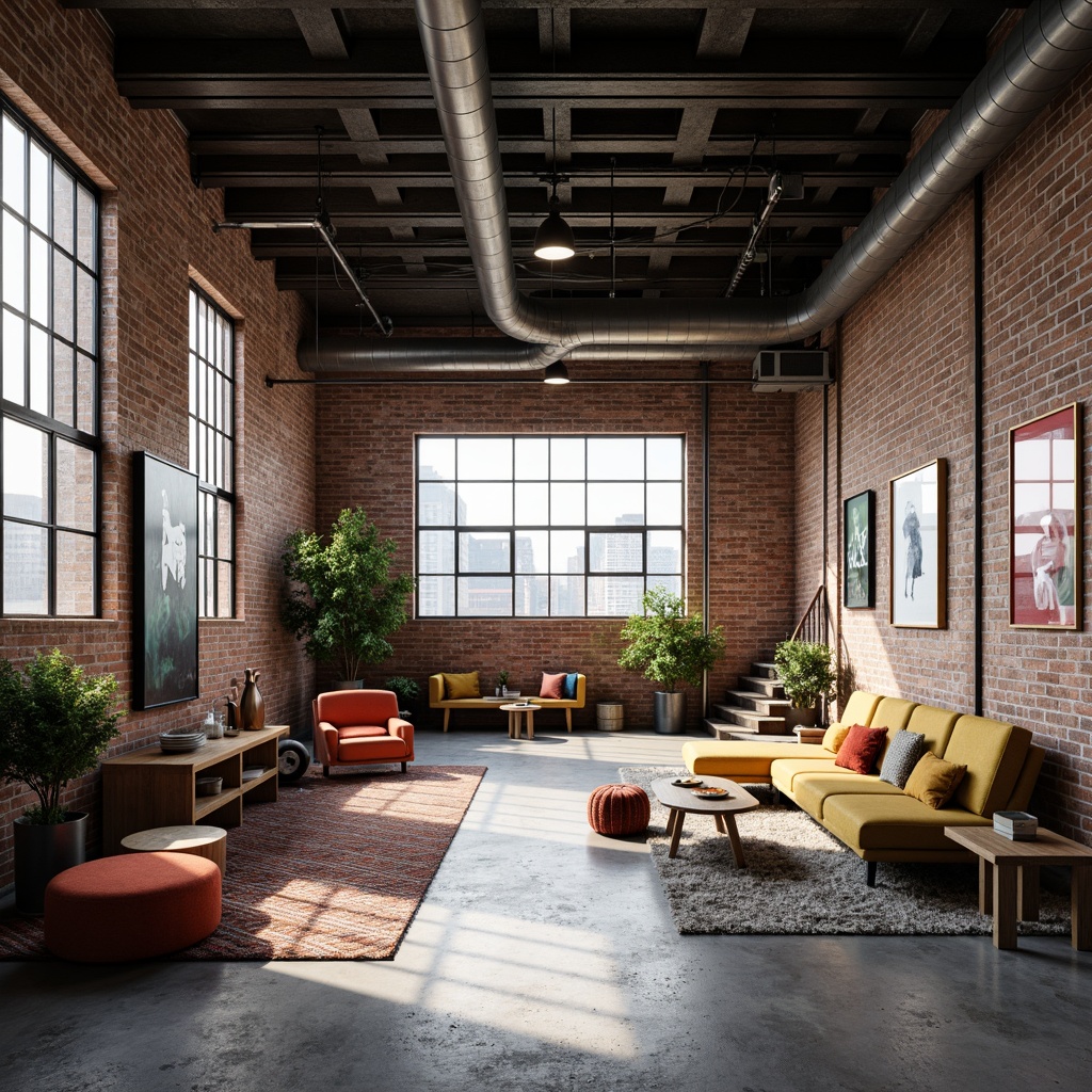 Prompt: Industrial chic factory, exposed brick walls, textured concrete floors, metal beams, minimalist decor, functional furniture, geometric shapes, primary color accents, bold typography, natural light, high ceilings, urban landscape views, industrial heritage, distressed wood, metal grid windows, brutalist architecture, abstract art pieces, monochromatic color scheme, dramatic shadows, low-key lighting, 1/1 composition, symmetrical framing, realistic material textures, subtle ambient occlusion.