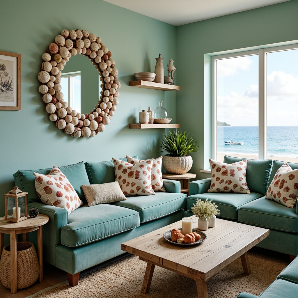 Prompt: Seashell-adorned mirrors, driftwood coffee tables, ocean-blue velvet sofas, coral-patterned throw pillows, nautical-themed wall art, distressed wooden shelves, sea-glass vases, fish-shaped decorative accents, natural fiber rugs, woven wicker furniture, lantern-style lighting fixtures, soft aqua-green walls, beach-inspired color palette, organic textures, coastal-scented candles, serene ocean views, sunny day, warm soft focus, shallow depth of field, 3/4 composition.