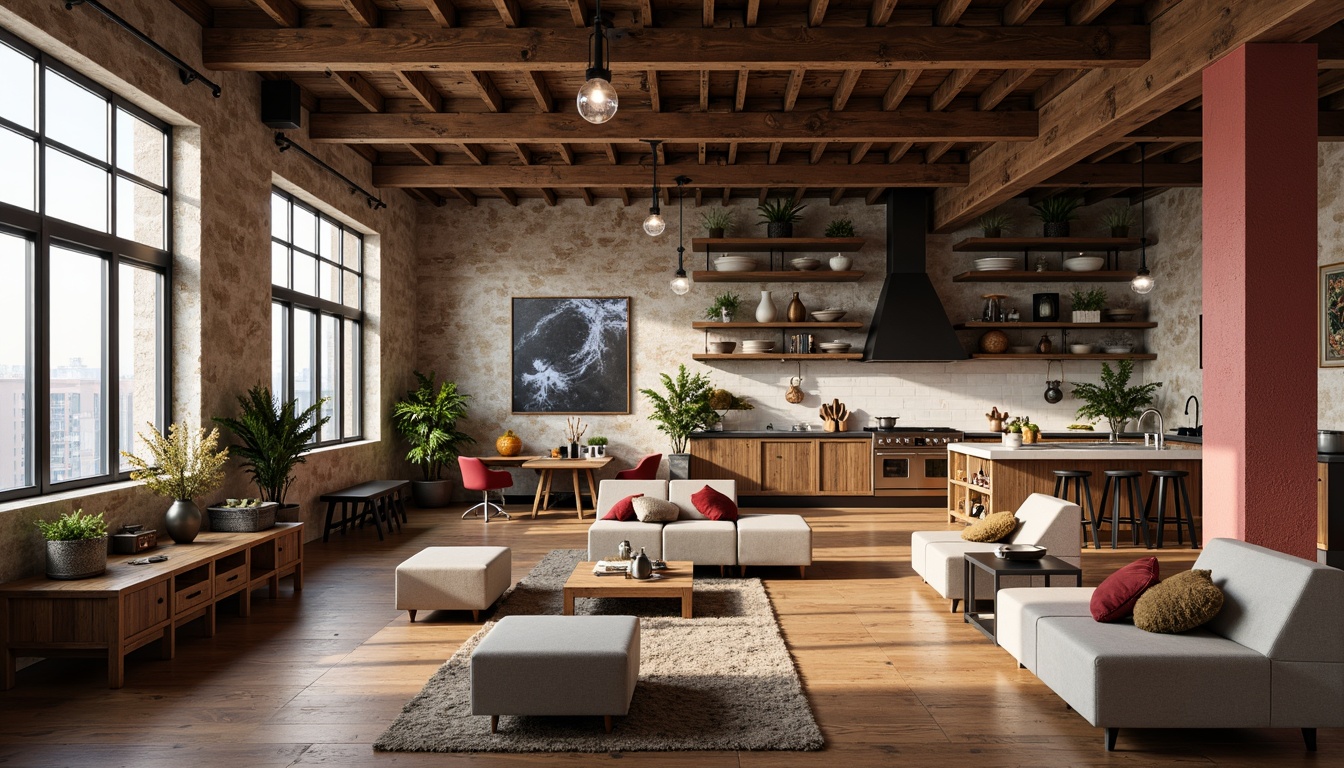 Prompt: Rustic loft space, exposed wooden beams, distressed wood accents, earthy color palette, natural stone walls, wooden crates, industrial metal lighting, cozy plush furniture, vintage decorative items, eclectic artwork, modern kitchen appliances, stainless steel countertops, subway tile backsplashes, brick red accent walls, large windows, soft warm lighting, shallow depth of field, 3/4 composition, realistic textures, ambient occlusion.