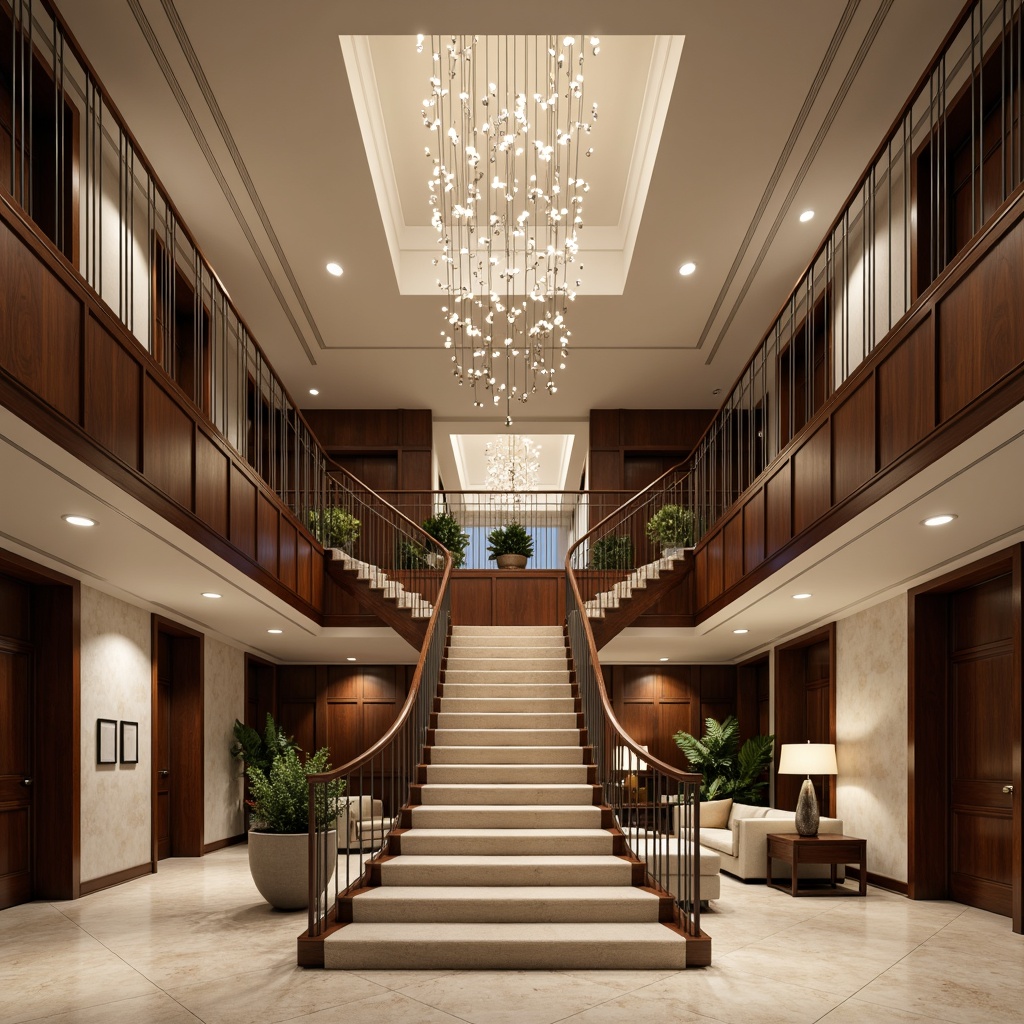 Prompt: Luxurious staircase, elegant balusters, polished chrome handrails, rich wooden treads, soft carpeted steps, modern minimalist design, sleek metal railings, subtle LED lighting, warm ambient glow, shallow depth of field, 1/1 composition, realistic textures, ambient occlusion, opulent chandelier, lavish furnishings, grand foyer, spacious high ceiling, neutral color palette, refined architectural details.