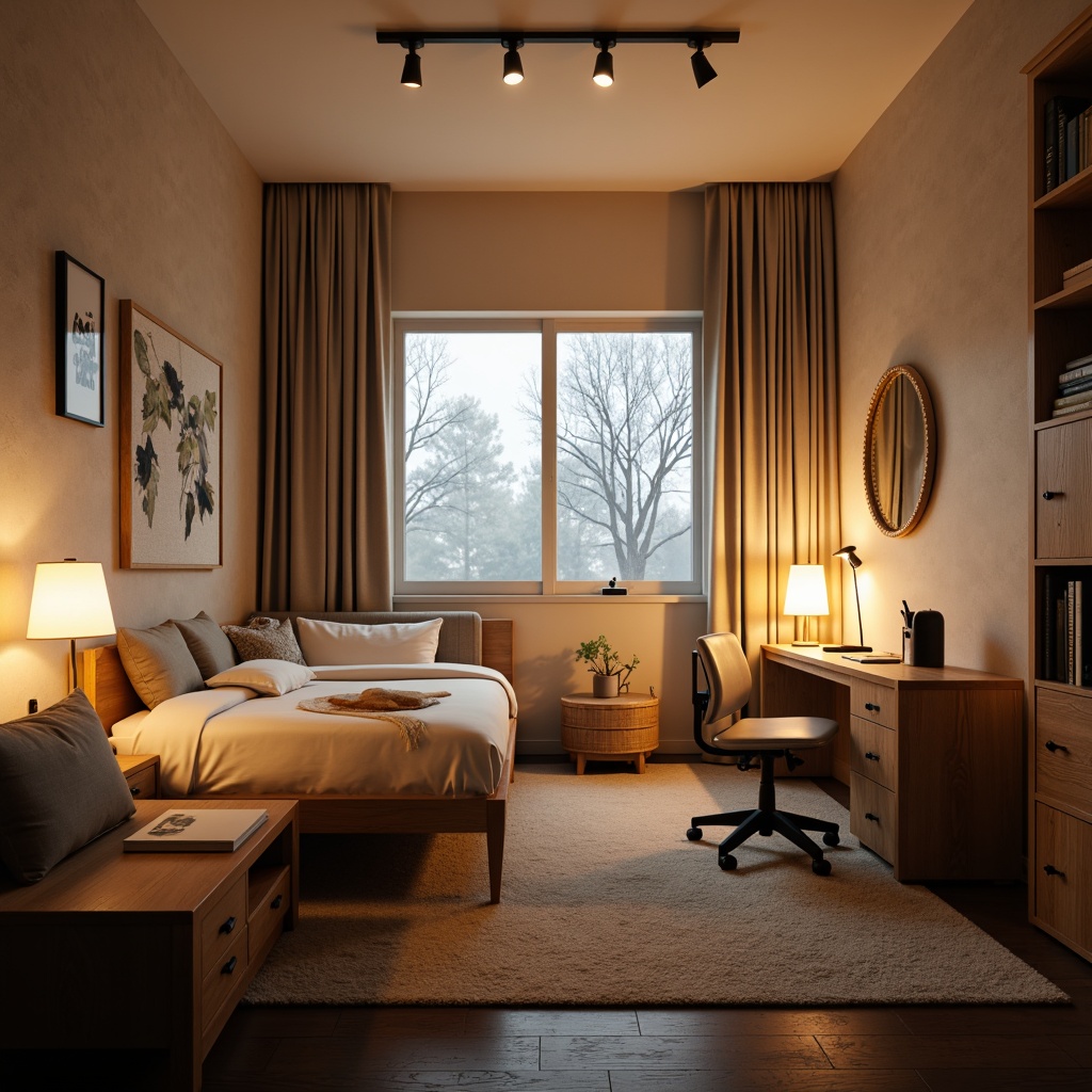 Prompt: Cozy dorm room, soft warm lighting, modern minimalist furniture, comfortable bedding, wooden desk, ergonomic chair, floor lamps, table lamps, string lights, ambient glow, relaxing atmosphere, calm color palette, pastel hues, natural wood accents, plush carpets, soundproofing materials, functional storage, compact shelving, elegant ceiling fixtures, subtle texture variations, 1/1 composition, shallow depth of field, warm tone, realistic rendering.