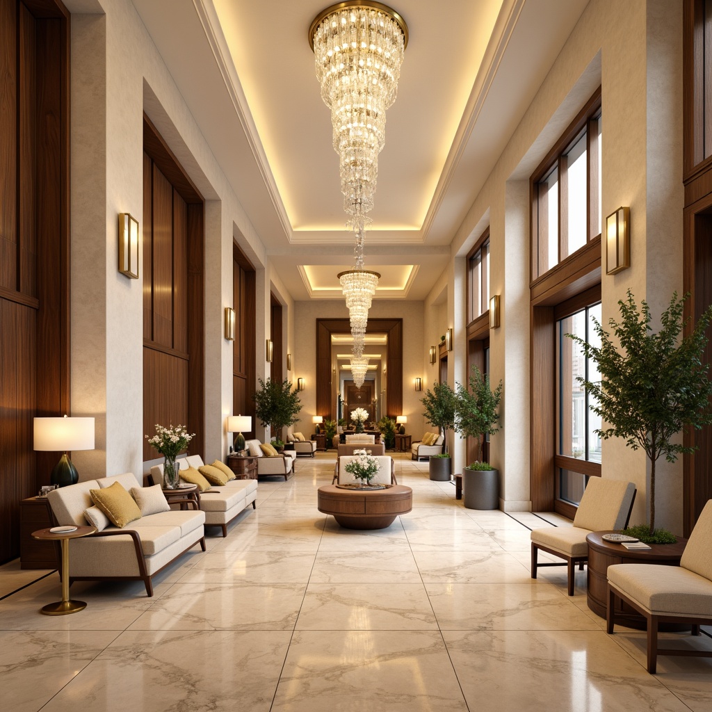 Prompt: Luxurious hotel lobby, warm beige marble floors, soft cream-colored walls, rich walnut wood accents, plush velvet sofas, golden metallic fixtures, elegant crystal chandeliers, sophisticated neutral color scheme, calming atmosphere, natural daylight, warm ambient lighting, shallow depth of field, 3/4 composition, realistic textures, ambient occlusion.