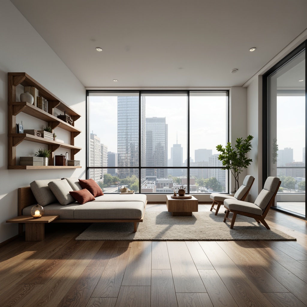 Prompt: Modern living room, minimal ornamentation, sleek lines, monochromatic color scheme, spacious floor plan, multi-functional furniture, convertible sofa bed, wall-mounted shelves, hidden storage compartments, ergonomic seating, task lighting, ambient lighting, natural materials, wooden flooring, large windows, urban cityscape view, 1/1 composition, shallow depth of field, realistic textures, subtle shadows.