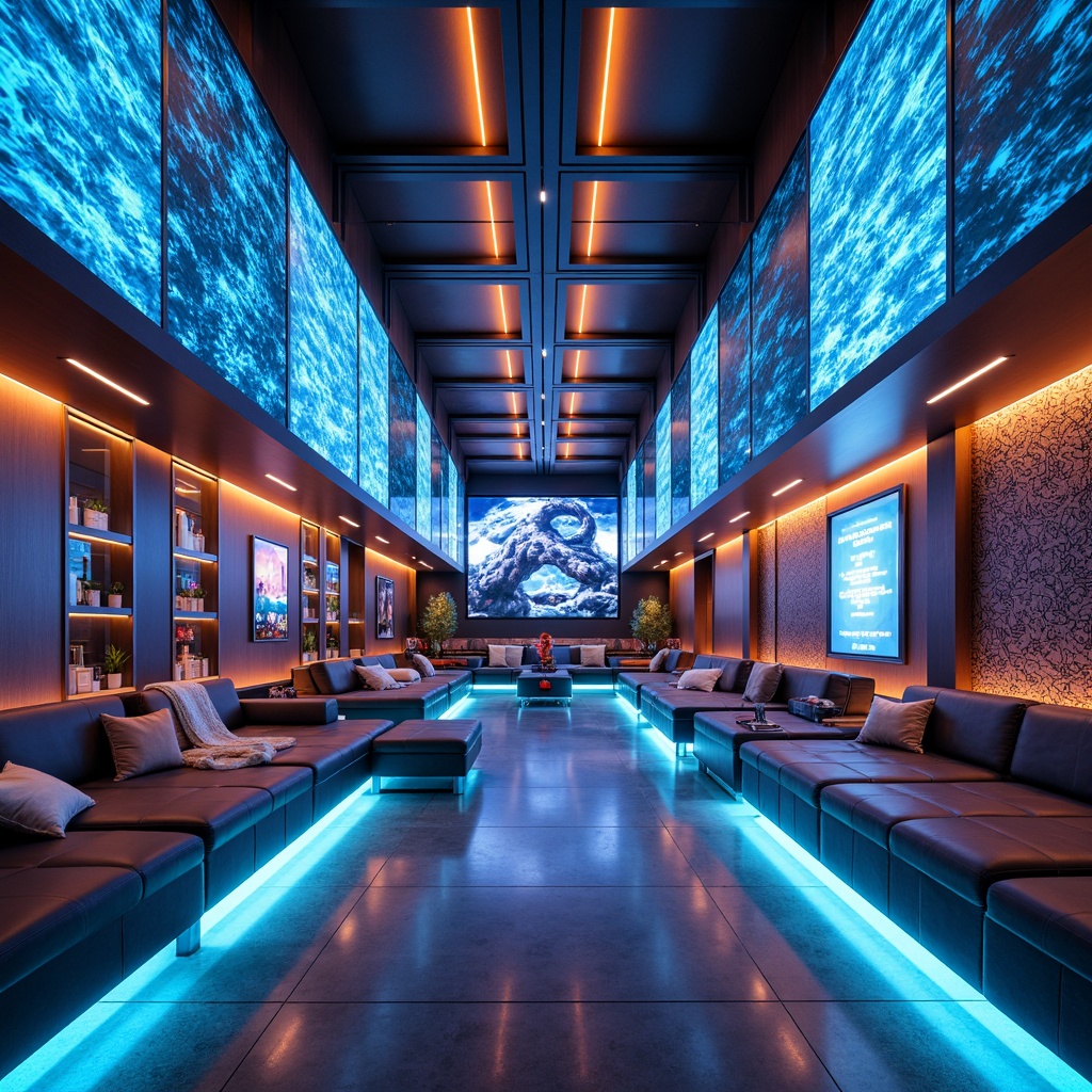 Prompt: Futuristic villa interior, metallic accents, glossy finishes, neon light installations, holographic wall displays, iridescent paint effects, geometric patterned wallpaper, 3D textured panels, LED strip lighting, fiber optic decorations, minimalist shelving units, glass shelves, chrome-plated fixtures, virtual reality interfaces, ambient color-changing lights, shallow depth of field, 1/1 composition, cinematic view, realistic reflections, advanced materials, sleek surfaces.