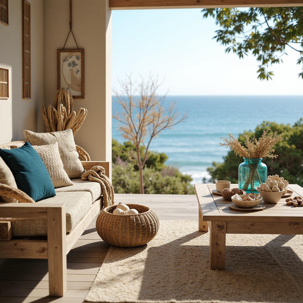 Prompt: Driftwood accents, natural fiber rugs, woven sea grass baskets, coral-inspired decorative objects, ocean-blue glass vases, distressed wood furniture, nautical rope details, shells and pebbles, soft sandy beige colors, calming ocean views, warm sunny lighting, shallow depth of field, 3/4 composition, realistic textures, ambient occlusion.