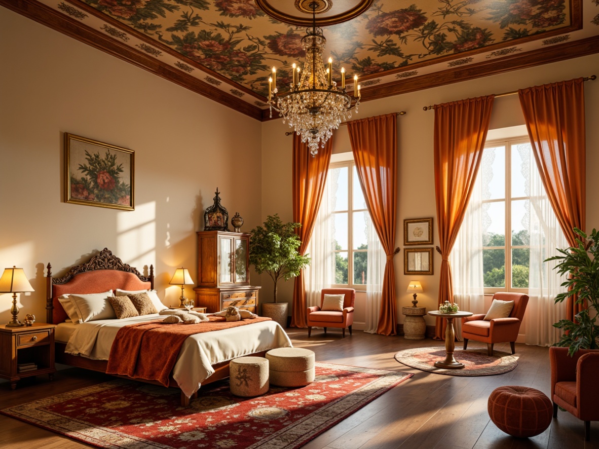 Prompt: Whimsical kids' bedroom, Renaissance-inspired decor, warm golden lighting, ornate chandeliers, crystal droplets, soft cream-colored walls, rich velvet drapes, carved wooden furniture, intricate patterns, vibrant colors, fairy-tale ambiance, magical atmosphere, sparkling candelabras, cozy reading nook, plush area rug, delicate lace curtains, beautiful fresco ceiling, warm sunny day, shallow depth of field, 1/1 composition, realistic textures, ambient occlusion.