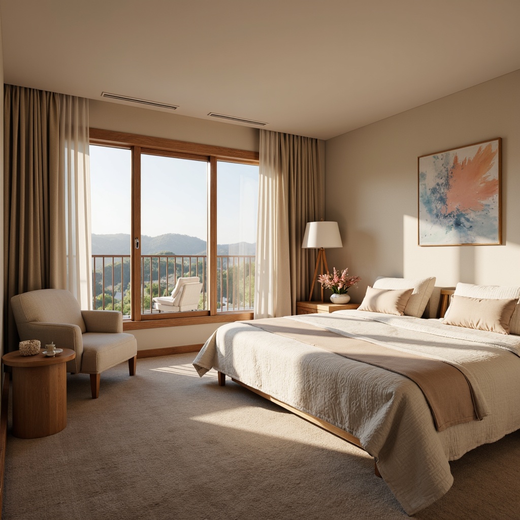 Prompt: Cozy bedroom, soft warm lighting, calming atmosphere, soothing color palette, gentle pastel hues, creamy whites, rich wood tones, plush carpeting, comfortable bedding, relaxing ambiance, serene landscape views, natural textiles, subtle patterns, minimalist decor, warm beige walls, soft peach accents, calming blue undertones, intimate setting, peaceful retreat.