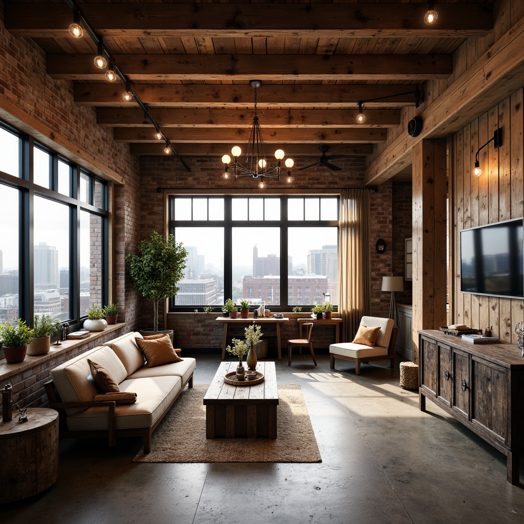 Prompt: Rustic loft space, exposed wooden beams, industrial chic, natural materials, earthy tones, craftsman style decor, vintage furniture, distressed wood accents, metal fixtures, Edison bulb lighting, reclaimed wood walls, polished concrete floors, urban skyline views, soft warm glow, shallow depth of field, 2/3 composition, atmospheric perspective, realistic textures, ambient occlusion.