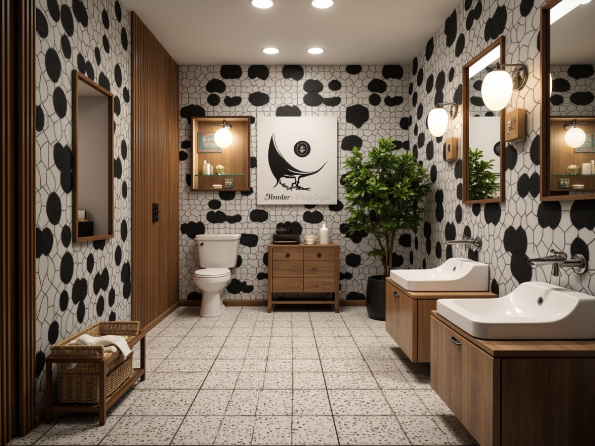 Prompt: Mid-century modern powder room, hexagonal tiles, black and white geometric patterns, terrazzo flooring, retro-style vinyl records, vintage-inspired decorative accents, minimalist wall decor, sleek metal fixtures, soft warm lighting, shallow depth of field, 1/1 composition, realistic textures, ambient occlusion.