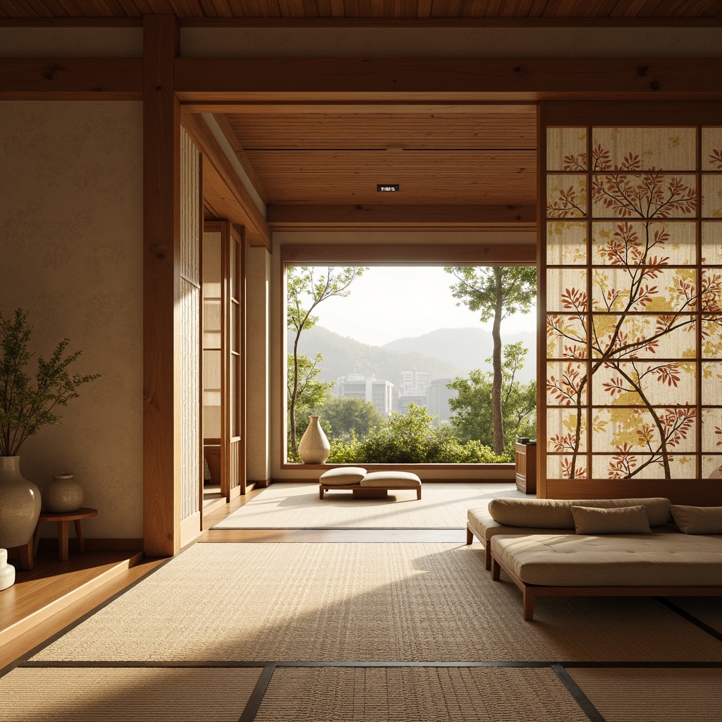 Prompt: Traditional Japanese sliding doors, natural wood accents, woven bamboo textiles, intricately patterned tatami mats, soft warm lighting, subtle color palette, minimal ornamentation, hand-painted silk wallpapers, delicate ceramic vases, bonsai trees, Japanese-inspired sculptures, low-seating furniture, paper lanterns, warm beige tones, gentle shadows, 1/1 composition, atmospheric perspective, realistic fabric textures.