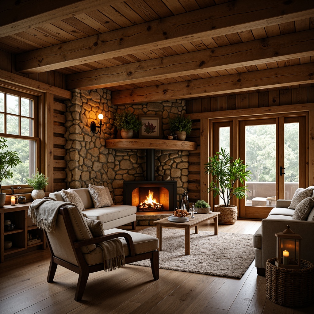 Prompt: Rustic wooden cabin, earthy tones, natural textures, vintage decorations, distressed finishes, reclaimed wood accents, cozy fireplace, plush throw blankets, woven baskets, potted plants, candlelight ambiance, warm beige colors, stone walls, wooden beams, country-inspired furniture, comfortable seating areas, soft warm lighting, shallow depth of field, 1/1 composition, realistic renderings, ambient occlusion.