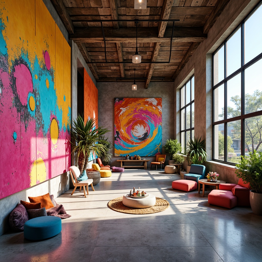 Prompt: Vibrant art studio, eclectic mix of colors, bold brushstrokes, abstract expressionism, textured canvases, neon pink accents, electric blue highlights, sunny yellow tones, warm orange hues, rich turquoise shades, metallic silver details, industrial concrete floors, reclaimed wood walls, floor-to-ceiling windows, natural light pouring in, modern track lighting, cozy reading nooks, plush throw pillows, abstract sculptures, dynamic shadows, 1/2 composition, soft focus effect.