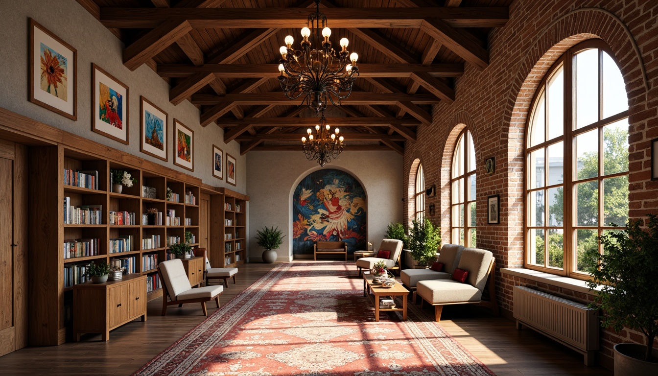 Prompt: Warm traditional art studio, high ceilings, wooden beams, rustic brick walls, elegant chandeliers, soft warm lighting, natural light pouring through large windows, cozy reading nooks, comfortable seating areas, vibrant colorful artwork, eclectic decorative pieces, rich wood accents, ornate mirrors, subtle texture overlays, 1/2 composition, intimate atmosphere, realistic material rendering, ambient occlusion.Let me know if this meets your requirements!