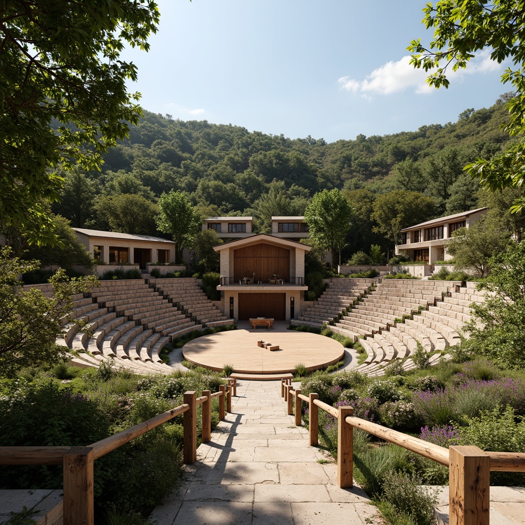 Prompt: Earthy amphitheater, natural stone seating, wooden stage, lush greenery surroundings, rustic metal railings, reclaimed wood accents, living roofs, verdant landscape, sunny day, warm soft lighting, shallow depth of field, 3/4 composition, panoramic view, realistic textures, ambient occlusion.