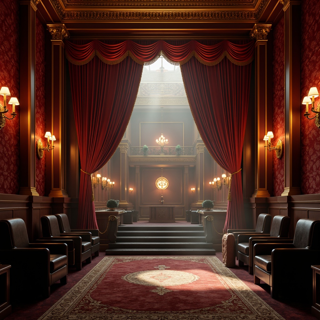 Prompt: Rich velvet curtains, ornate golden decorations, dimly lit ambiance, bold red accents, luxurious black leather seats, majestic high ceilings, intricate Art Deco patterns, warm soft glow, cinematic lighting, dramatic shadows, mysterious fog effects, atmospheric mist, 3/4 composition, low-angle shot, cinematic color grading, vibrant contrast, realistic textures, ambient occlusion.