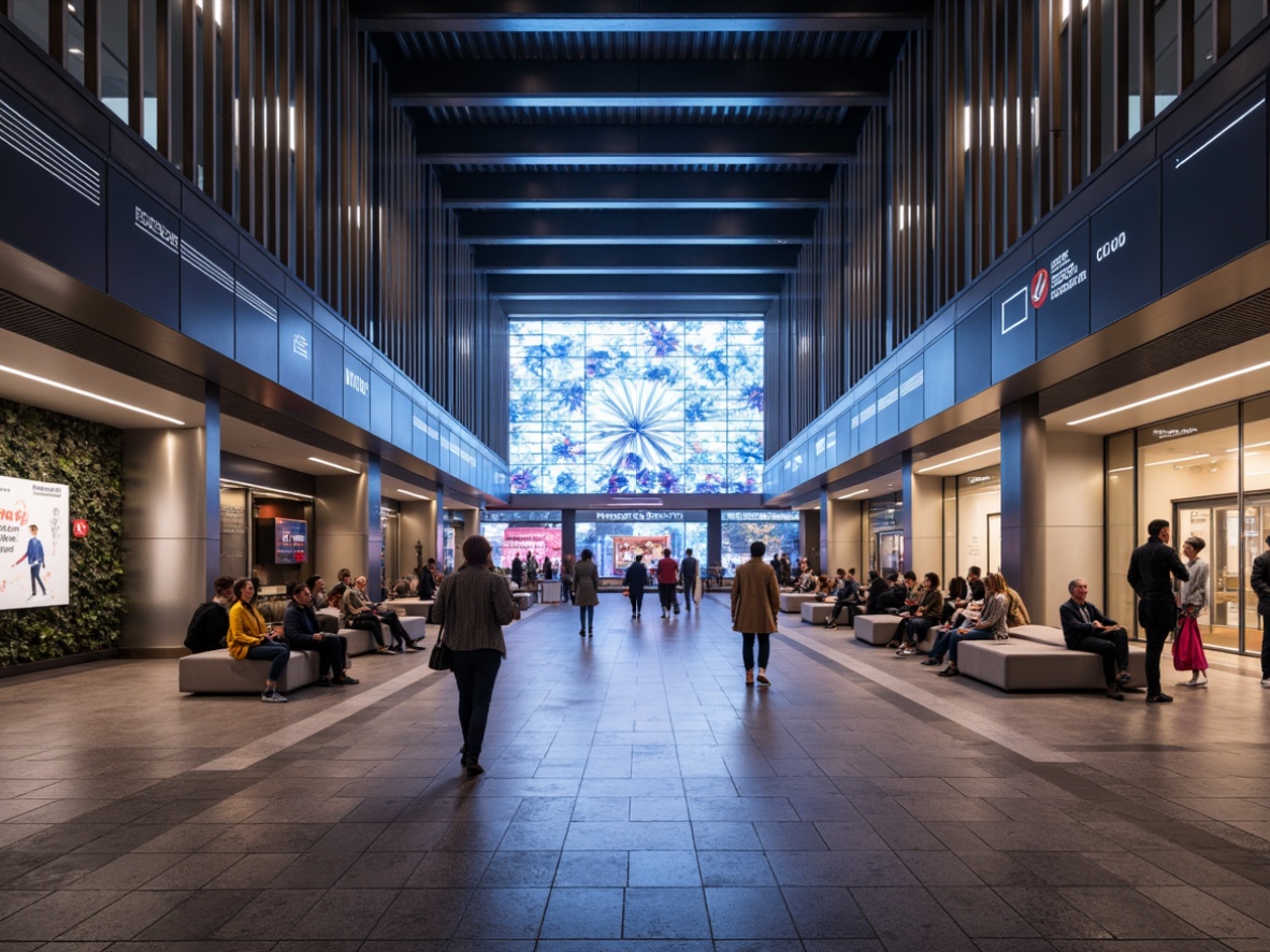 Prompt: Modern metro station interior, sleek stainless steel columns, polished granite floors, futuristic LED lighting systems, neon-colored accents, dynamic color-changing installations, high-ceilinged platforms, spacious waiting areas, comfortable seating zones, minimalist signage, urban-inspired artwork, bustling pedestrian traffic, morning rush hour atmosphere, soft warm glow, subtle gradient effects, 1/1 composition, symmetrical framing, shallow depth of field, realistic reflections.