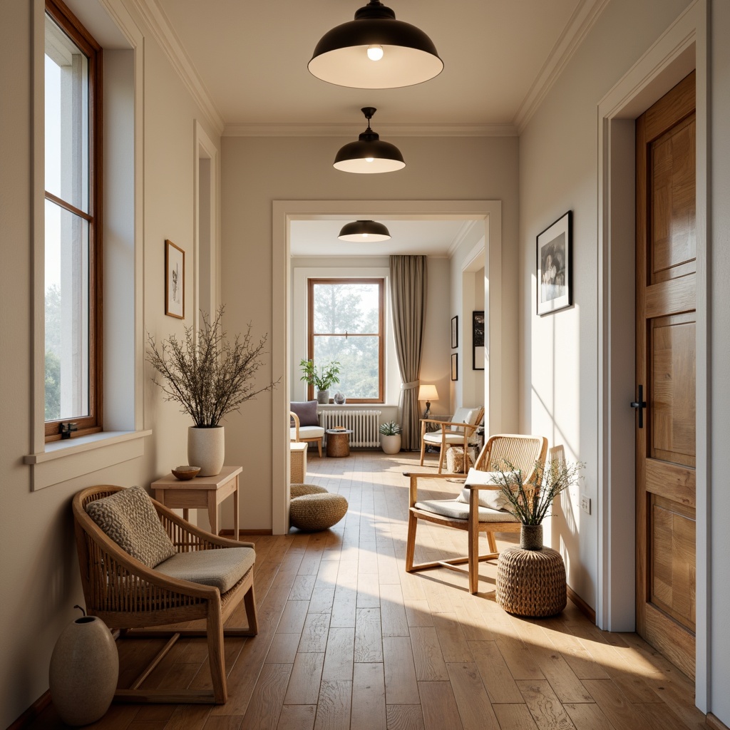 Prompt: Cozy Scandinavian-style hallway, warm wooden flooring, minimalist decor, soft pastel colors, natural textiles, pendant lamps, industrial metal shades, table lamps, floor lamps, frosted glass diffusers, LED strip lighting, subtle color temperature, ambient indirect lighting, 1/2 composition, shallow depth of field, realistic wood textures, warm golden hour, Nordic-inspired furniture.