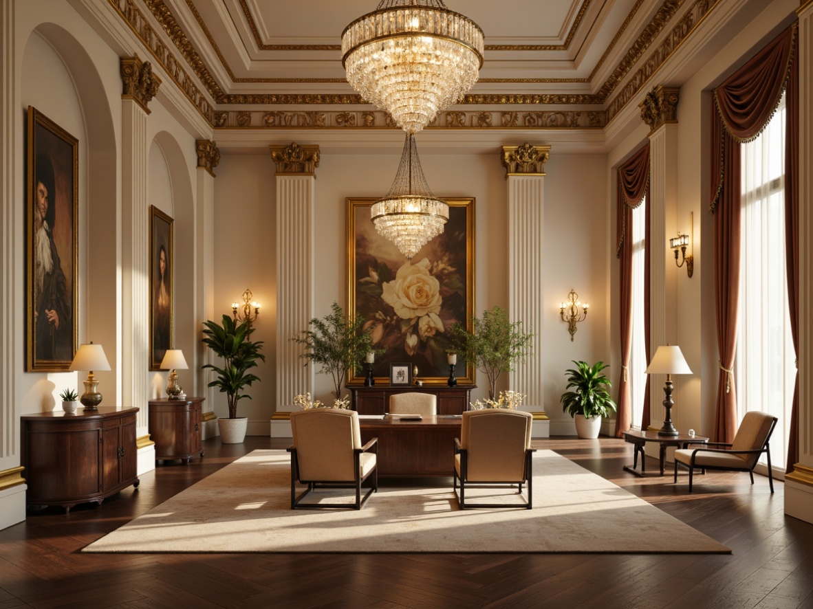 Prompt: Elegant office space, neoclassical architecture, ornate chandeliers, crystal droplets, polished bronze fixtures, cream-colored walls, rich wood paneling, luxurious fabrics, stately columns, intricate moldings, warm golden lighting, softbox diffusers, pendant lamps, minimalist switches, sleek floor lamps, textured glass shades, refined metalwork, sophisticated ambiance, 1/1 composition, subtle shadows, realistic reflections.