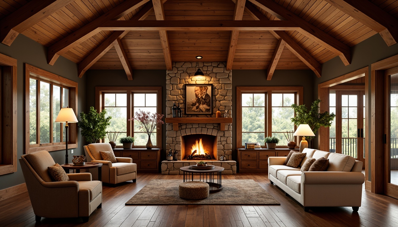 Prompt: Warm Craftsman-style interior, wooden beam ceiling, rustic stone fireplace, cozy reading nook, plush armchairs, rich wood tones, earthy color palette, warm golden lighting, table lamps, floor lamps, pendant lights, natural textiles, woven baskets, vintage decorative items, soft warm glow, warm white lighting, 1/2 composition, shallow depth of field, realistic textures, ambient occlusion.