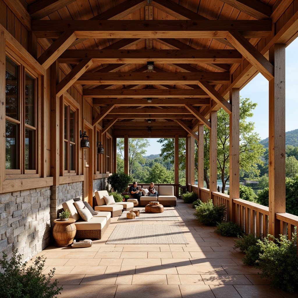 Prompt: Rustic wooden porch, tapered columns, decorative trusses, exposed rafters, natural stone foundation, earthy color palette, rectangular shape, gabled roofline, overhanging eaves, ornate brackets, handcrafted woodwork, ceramic tiles, built-in cabinetry, stained glass windows, cozy reading nooks, plush area rugs, warm soft lighting, shallow depth of field, 1/1 composition, realistic textures, ambient occlusion.