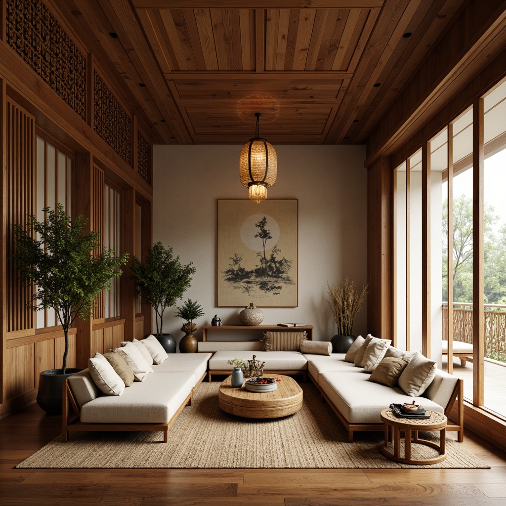 Prompt: Minimalist living room, low-seating furniture, rich wood tones, intricately carved wooden panels, subtle gold accents, delicate paper lanterns, natural fiber rugs, sliding shoji screens, tatami mats, bonsai trees, soft warm lighting, shallow depth of field, 1/1 composition, realistic textures, ambient occlusion, traditional Asian motifs, hand-painted ceramics, woven bamboo chairs, elegant calligraphy, serene atmosphere.