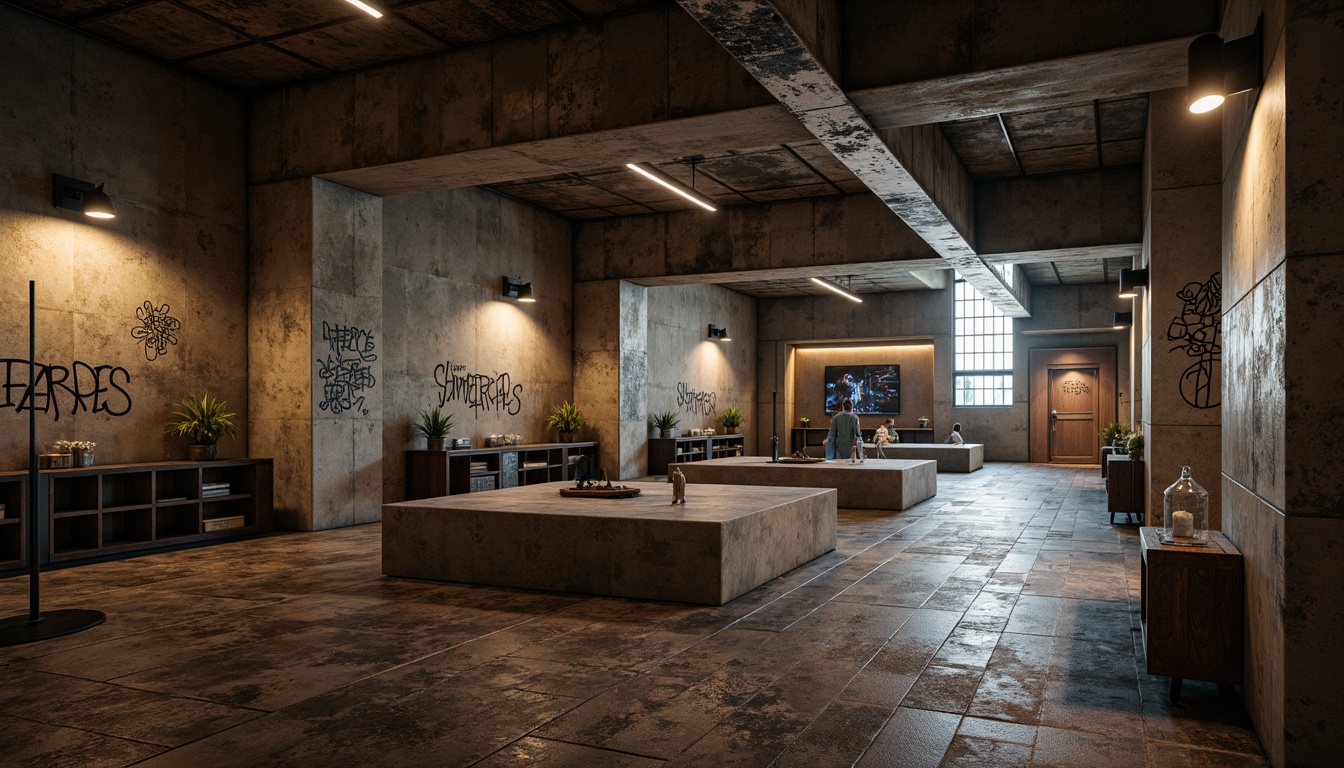 Prompt: Monochromatic brutalist game room, concrete walls, industrial metal beams, distressed wooden floors, moody atmospheric lighting, warm beige tones, cold grey accents, rugged stone textures, raw metallic surfaces, futuristic neon strips, cyberpunk-inspired graffiti, dimly lit corners, 1/1 composition, shallow depth of field, cinematic color grading, high-contrast rendering.