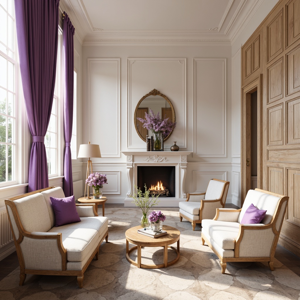 Prompt: Vibrant purple accents, creamy white walls, rich wood tones, soft lavender hues, metallic gold details, elegant cream furniture, subtle beige textures, warm bronze lighting, delicate floral patterns, natural stone flooring, serene atmosphere, shallow depth of field, 1/1 composition, realistic rendering, ambient occlusion.