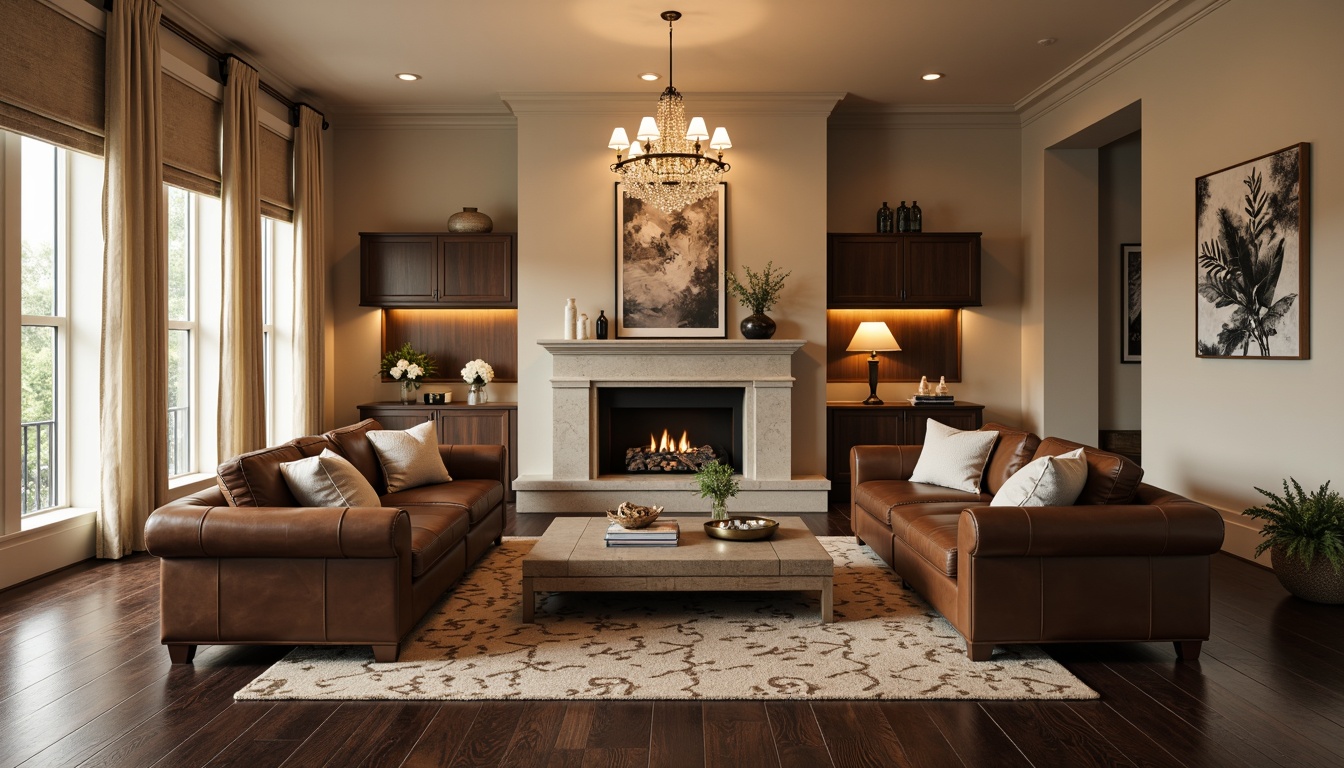 Prompt: Transitional living room, comfortable seating area, warm beige walls, dark wood flooring, elegant chandeliers, crystal pendant lights, bronze table lamps, linen shades, soft cream curtains, plush throw pillows, rich brown leather sofas, natural stone fireplace, earthy tone vases, subtle patterned rugs, calming atmosphere, warm golden lighting, layered lighting effects, 1/2 composition, intimate ambiance, realistic textures.