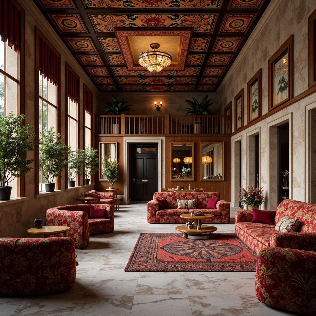 Prompt: Richly patterned bank interior, eclectic style design, vibrant colorful textiles, plush velvet upholstery, intricate geometric motifs, ornate wooden accents, luxurious marble floors, modern metallic fixtures, statement lighting fixtures, comfortable seating areas, natural stone walls, warm earthy tones, atmospheric dim lighting, shallow depth of field, 1/1 composition, realistic textures, ambient occlusion.